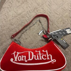 Von Dutch Red Velvet Mini Shoulder Bag with Crystal Logo